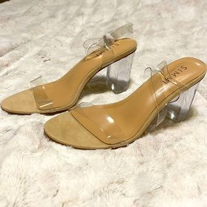 Nude Suede Ankle Strap Clear Heels